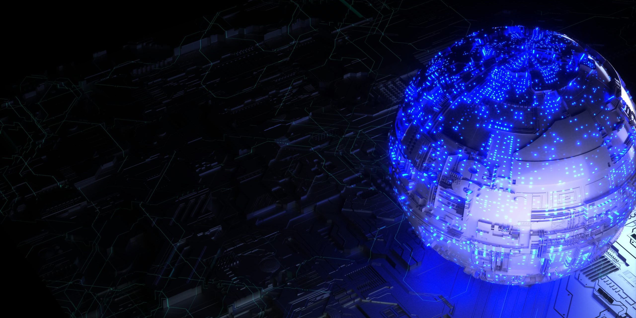 blue glowing sphere sitting on black circuit board