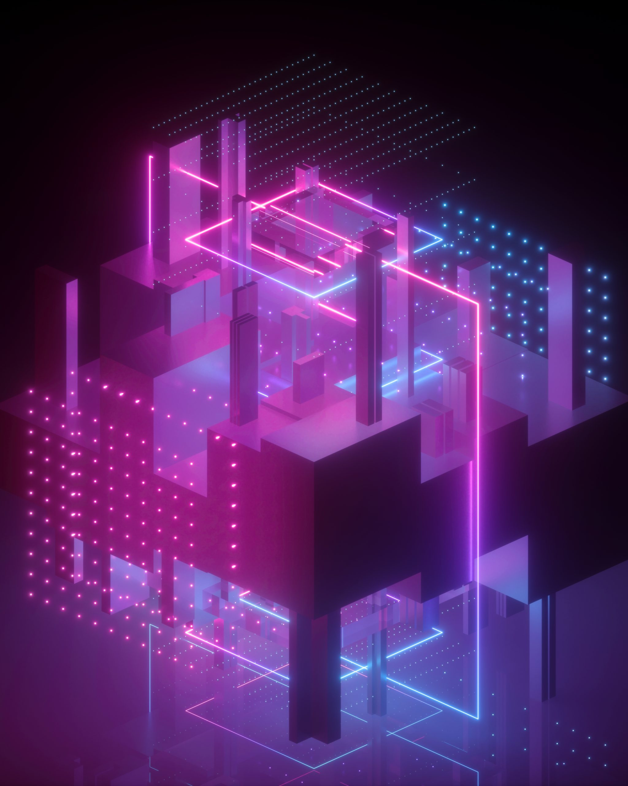 geometric cubic shapes in ultraviolet with pink blue glowing lights