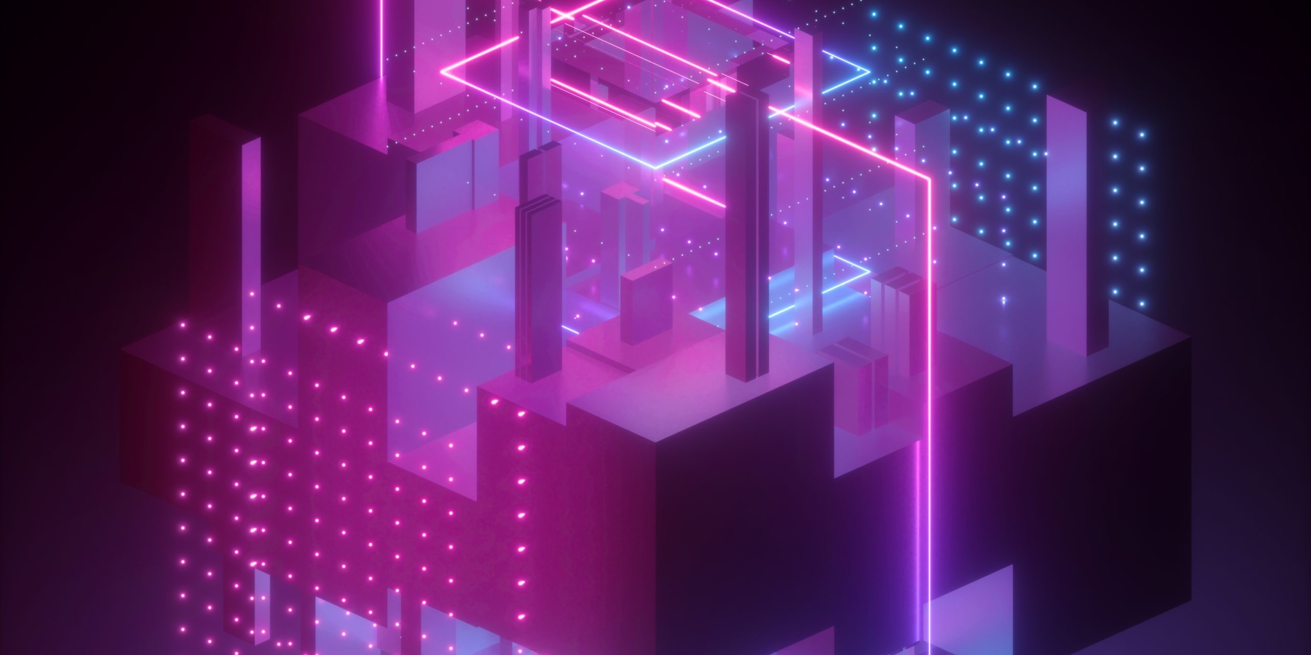 geometric cubic shapes in ultraviolet with pink blue glowing lights