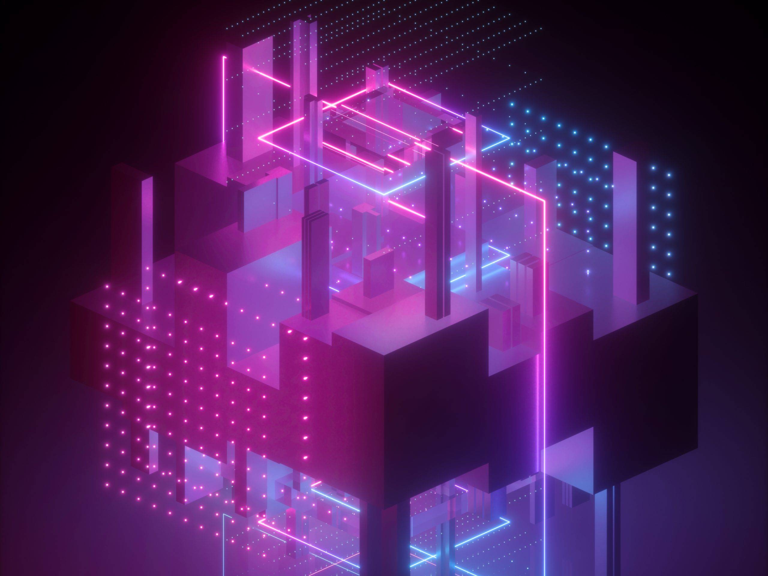 geometric cubic shapes in ultraviolet with pink blue glowing lights