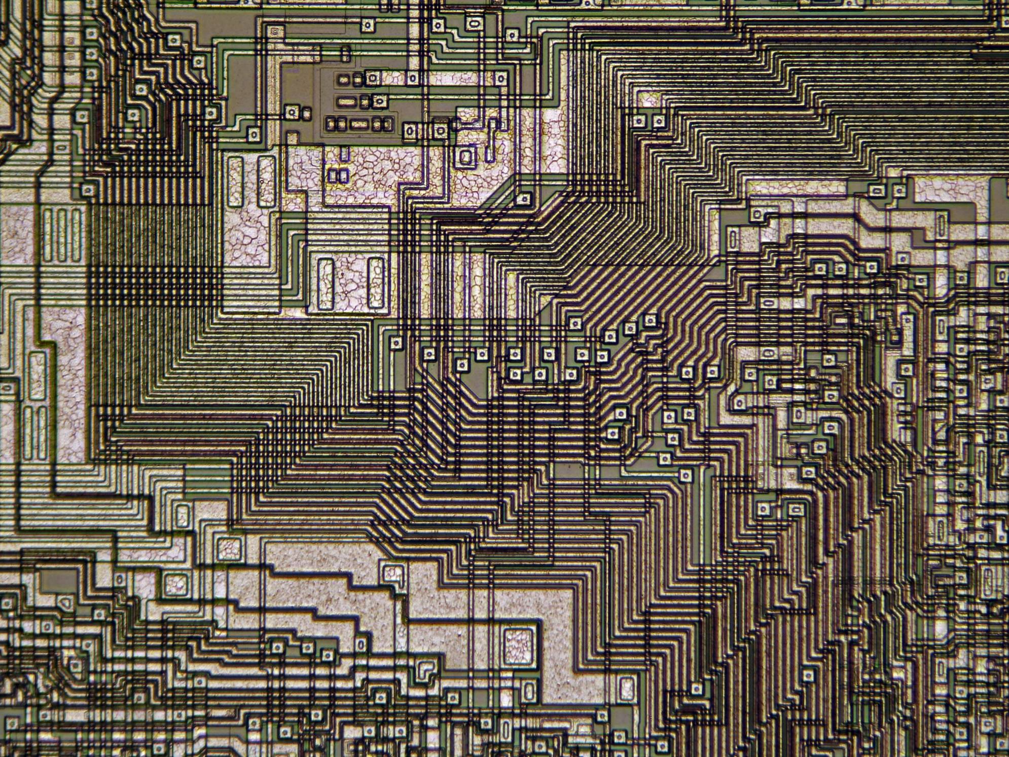 close up of computer chip in shades of green and brown