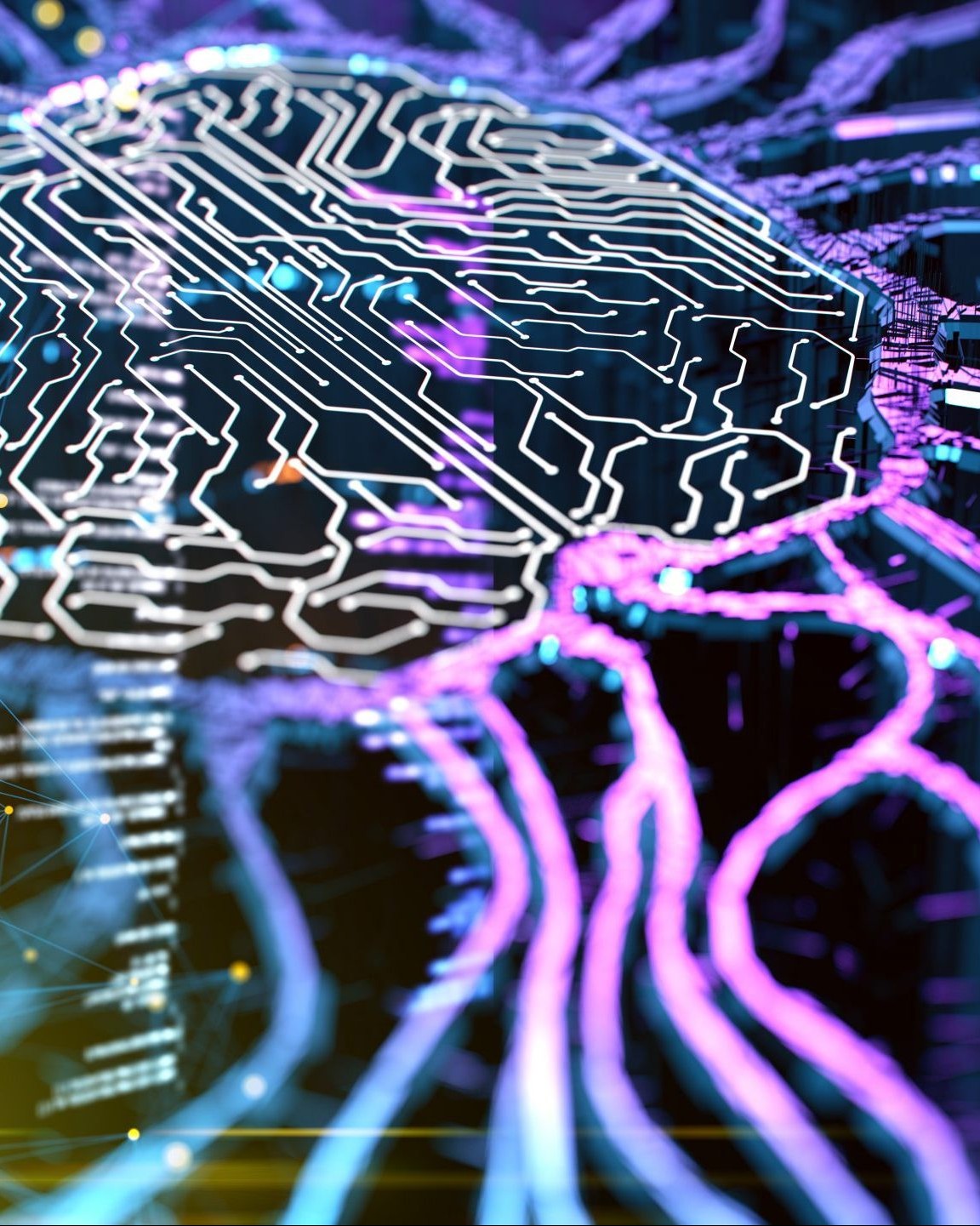 brain shape chip with neural pathways in pink and blue