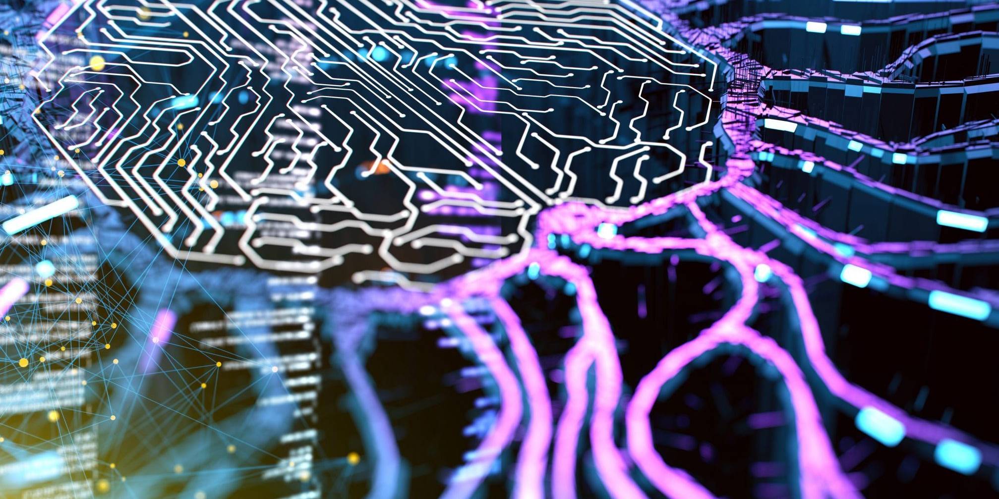 brain shape chip with neural pathways in pink and blue