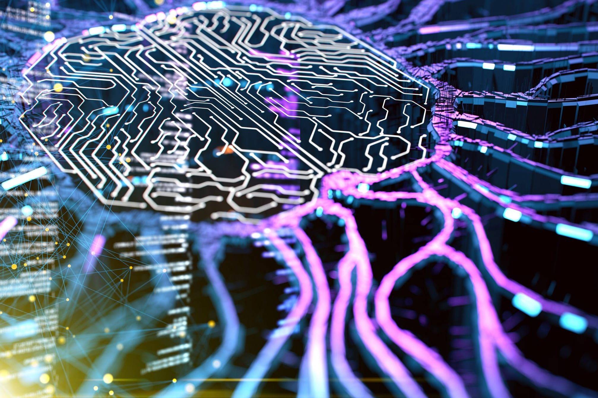 brain shape chip with neural pathways in pink and blue