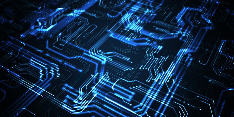 Quantum computing concept. Abstract glowing electronic circuit.