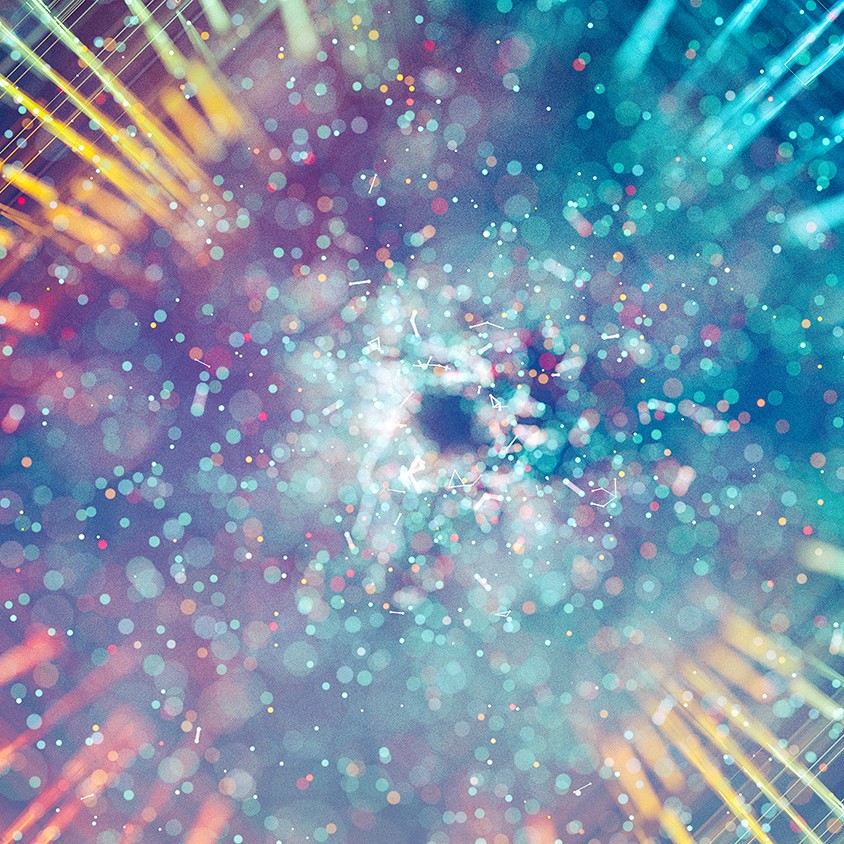 Abstract quantum machine learning in shades of purple, blue, red, and yellow
