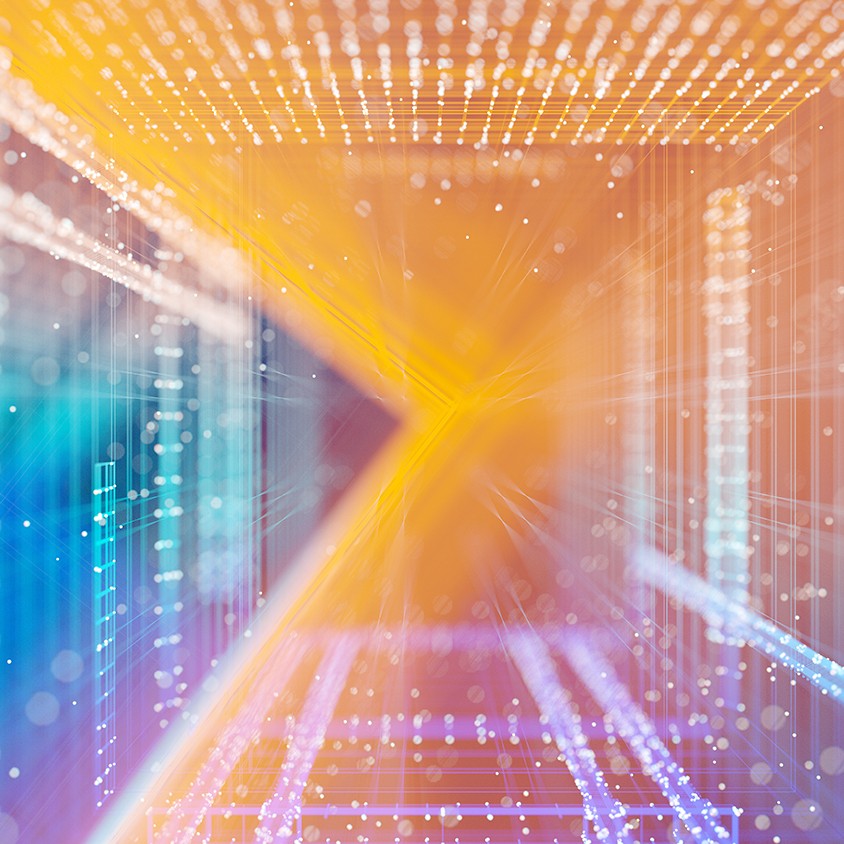 abstract 3D mapping in primary colors of yellow red and pink, and blue and teal