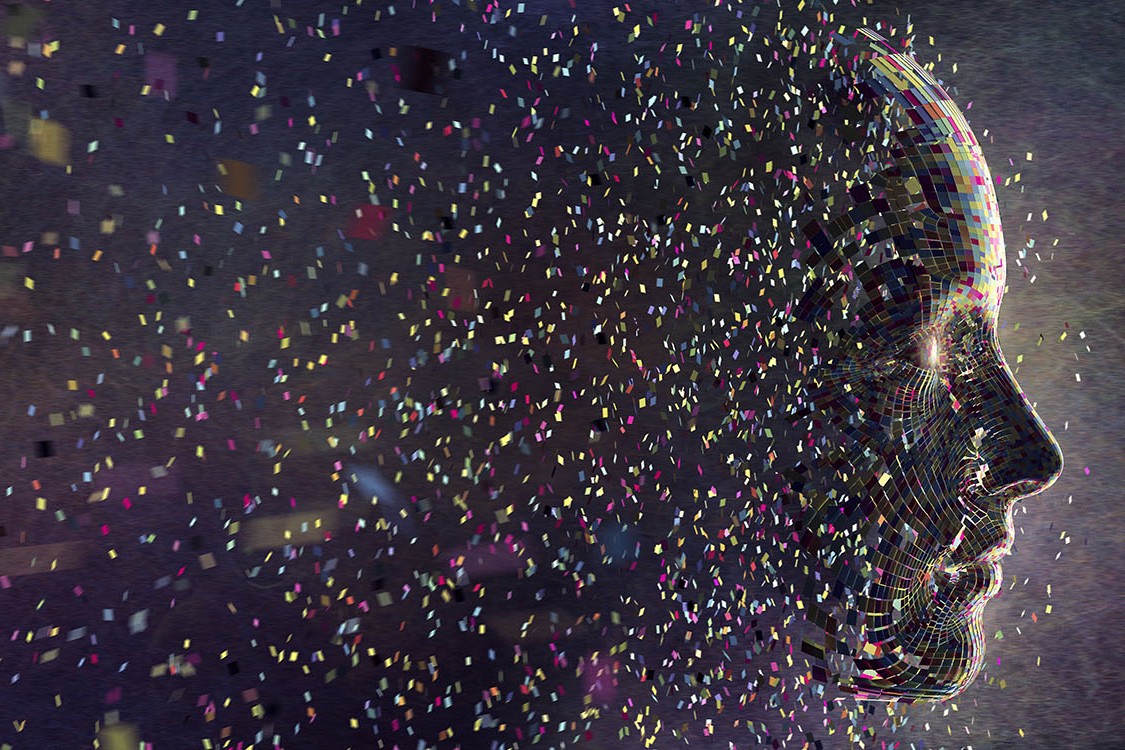A conceptual images of thousands of multi coloured squares all moving in mid air against a black background, coalescing to form a the profile of a head