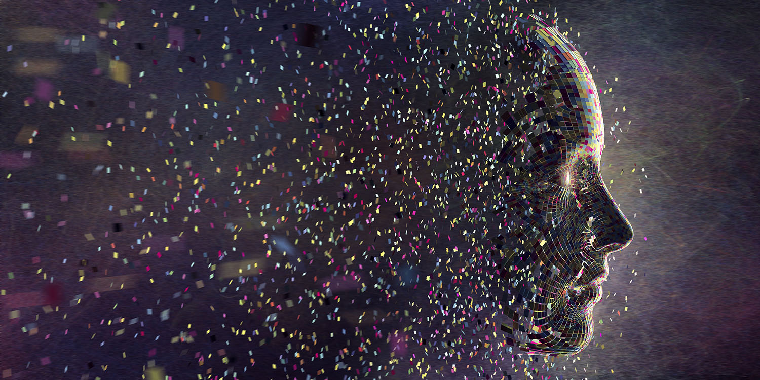 A conceptual images of thousands of multi coloured squares all moving in mid air against a black background, coalescing to form a the profile of a head