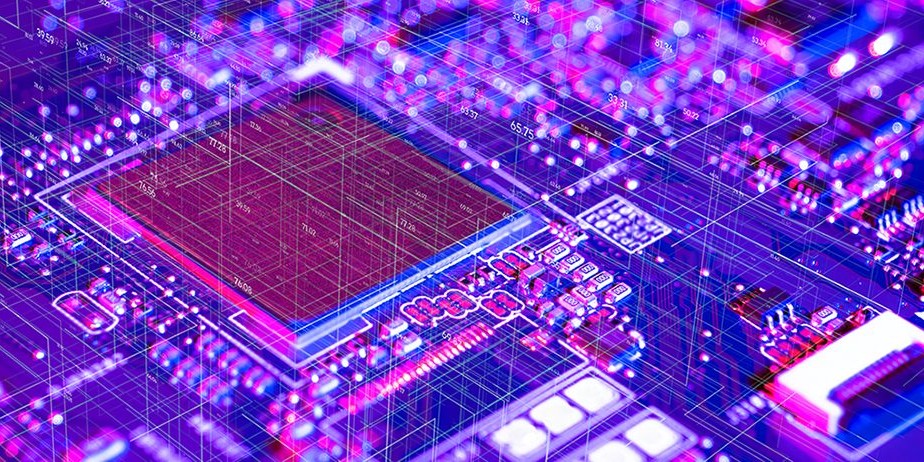 computer chip in strong magenta blue and purple lighting