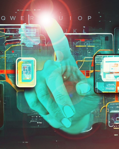 abstract multi color graphic of large hand and overlaid phone and tablet screens