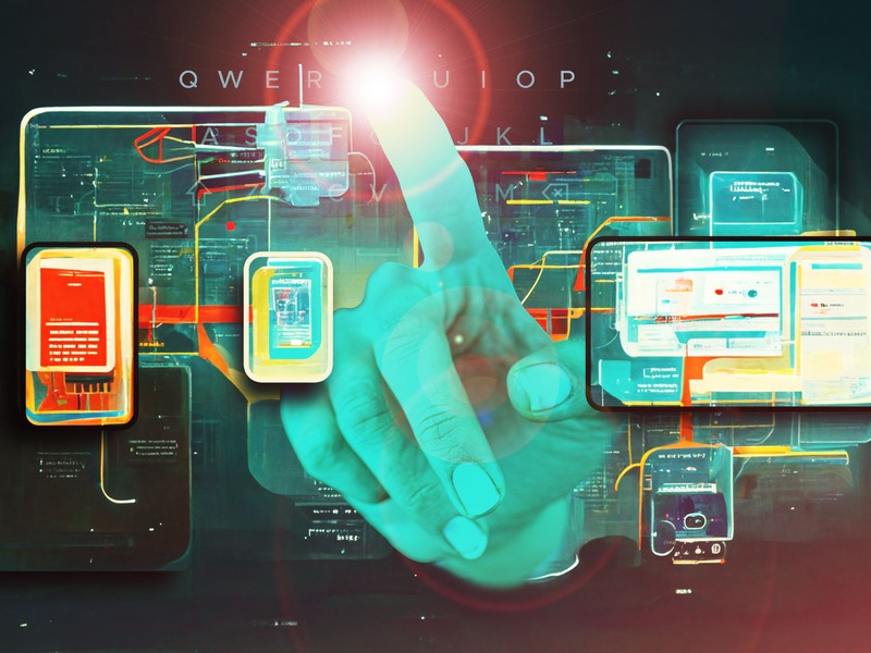 abstract multi color graphic of large hand and overlaid phone and tablet screens