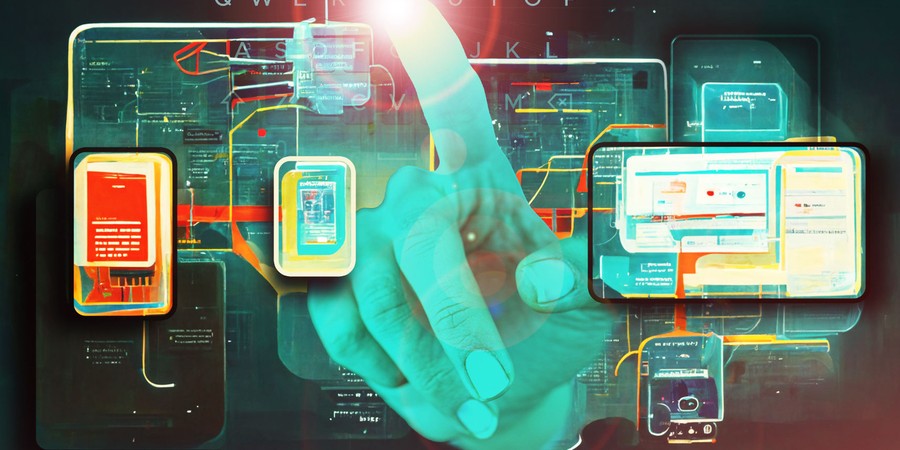 abstract multi color graphic of large hand and overlaid phone and tablet screens