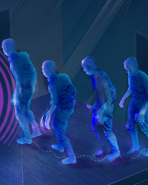 graphic in shades of blue and purple of person walking through room near wireless sensor