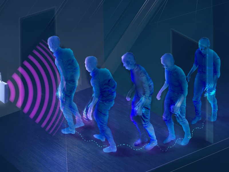 graphic in shades of blue and purple of person walking through room near wireless sensor