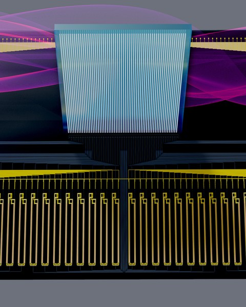 rendering of a novel piece of hardware, called a smart transceiver, that uses silicon photonics to dramatically accelerate running a machine-learning model
