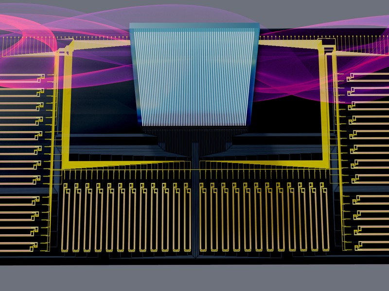 rendering of a novel piece of hardware, called a smart transceiver, that uses silicon photonics to dramatically accelerate running a machine-learning model