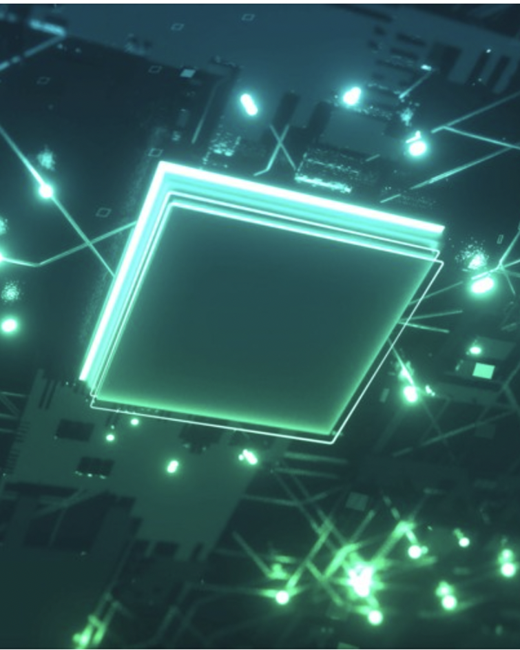 abstrat computer chip and board in shades of green and balck