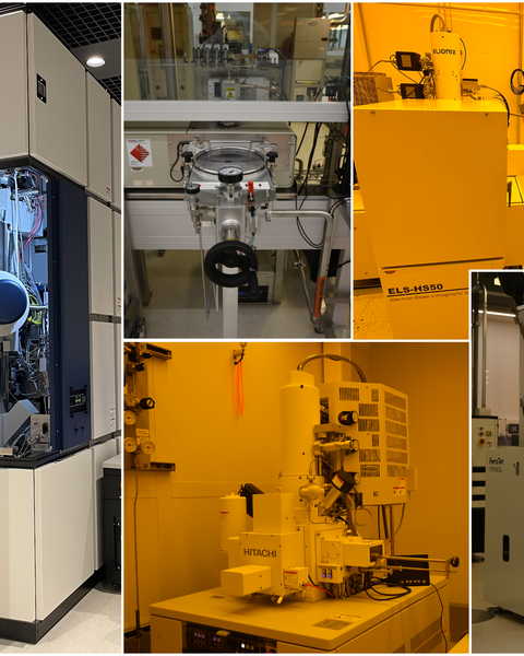 nanotechnology equipment installed at MIT.nano, some shown in regualr light and others shown in orange tone clean room lighting