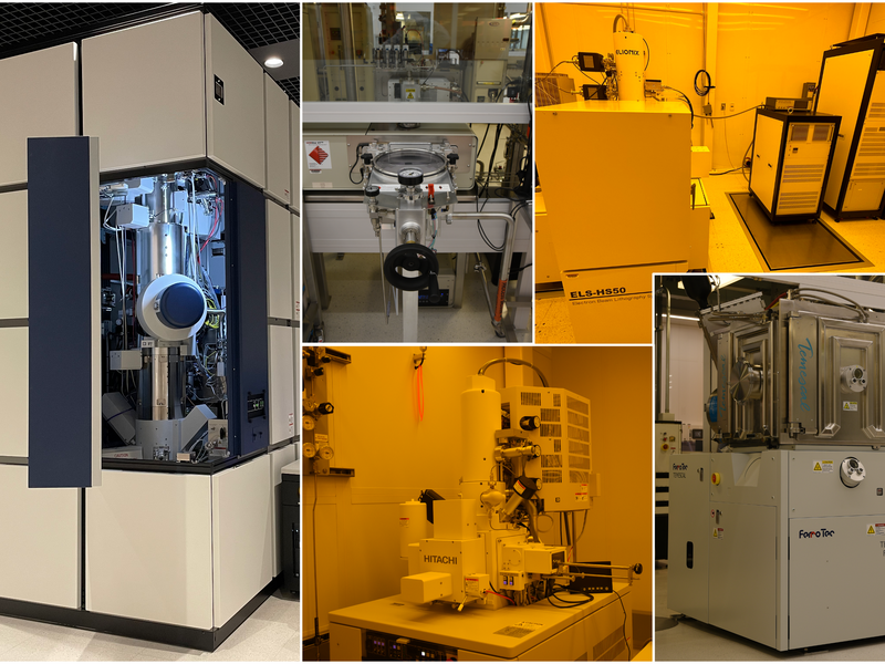 nanotechnology equipment installed at MIT.nano, some shown in regualr light and others shown in orange tone clean room lighting