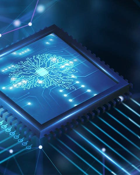 brain icon in computer chip in shades of blue
