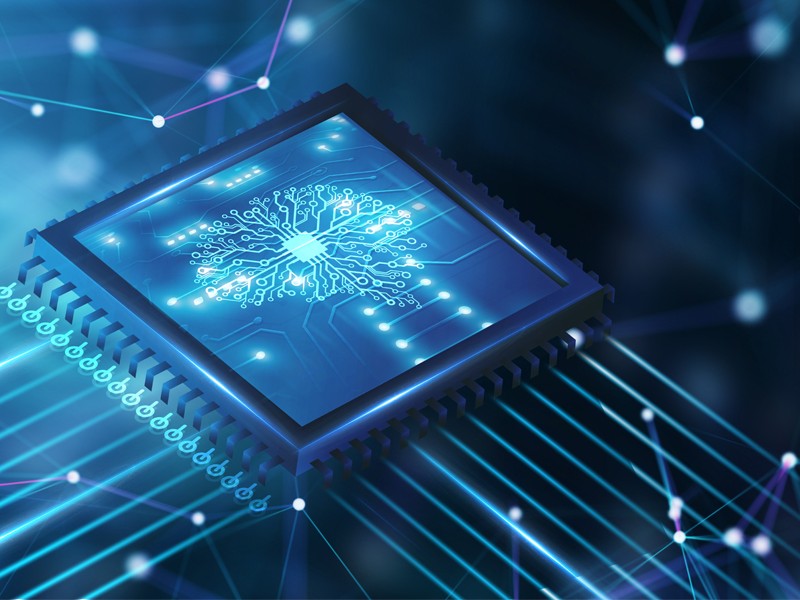 brain icon in computer chip in shades of blue