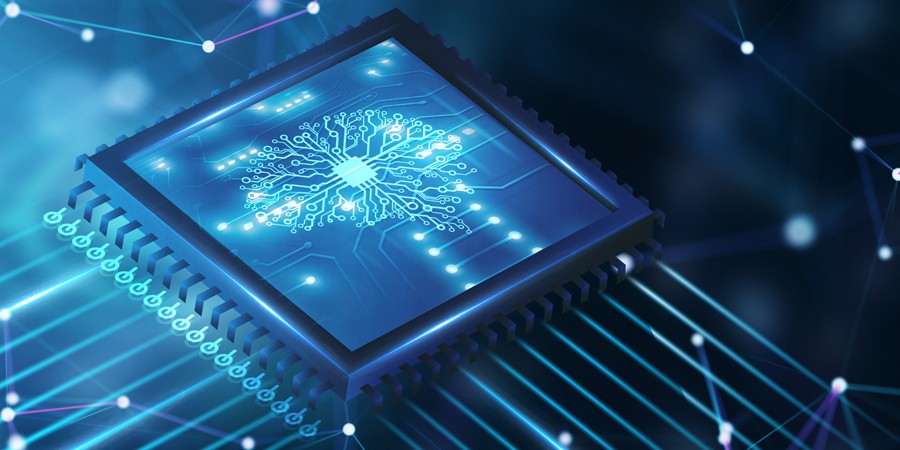 brain icon in computer chip in shades of blue