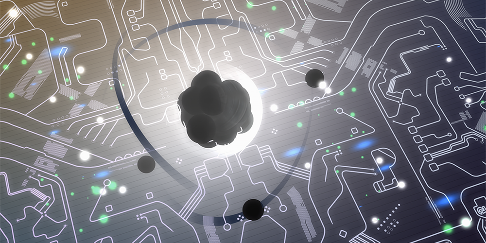 quantum particle with computer board in background all in shades of grey