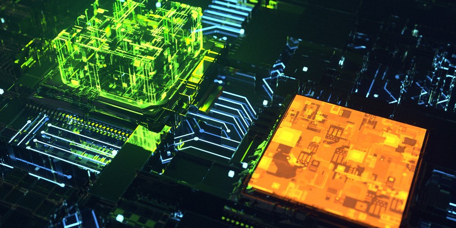 Computer motherboard image composed of green and orange colored rays