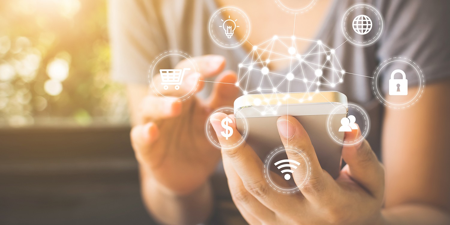 female hand using smartphone with icon technology artificial intelligence (AI) and internet of things (IOT)