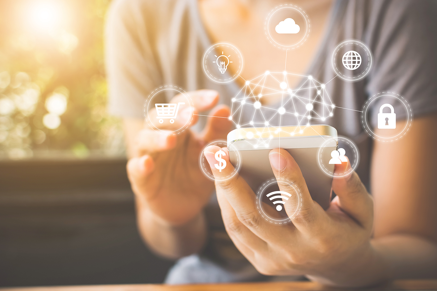 female hand using smartphone with icon technology artificial intelligence (AI) and internet of things (IOT)