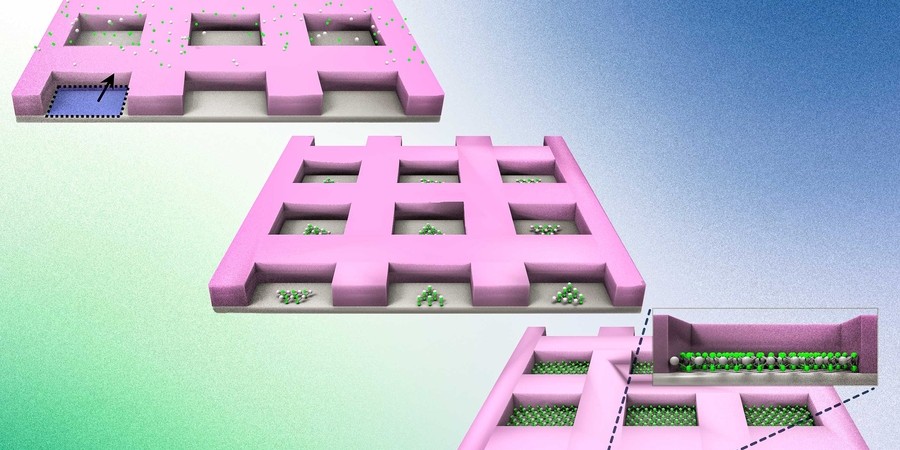 A pink wafer has square holes in a grid. The wafer is repeated 3 times. On top left, green and white atoms randomly float around the wafer. In the middle, the atoms line up inside the square holes in triangular formations. On the right, a closeup shows the perfectly lined-up rows of atoms.