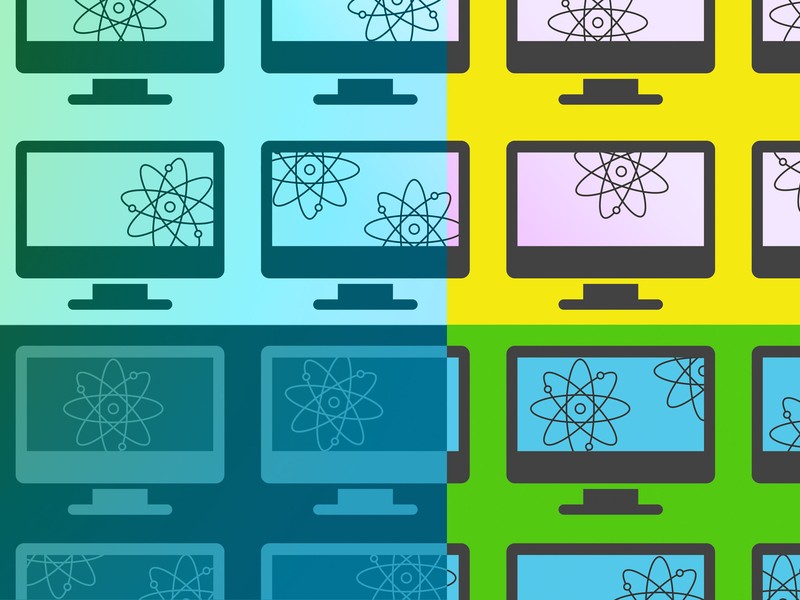 A grid of computer screens each have atom icons inside, each containing 1 or 2 icons. Color overlays divide the image into 4 colorful quadrants.
