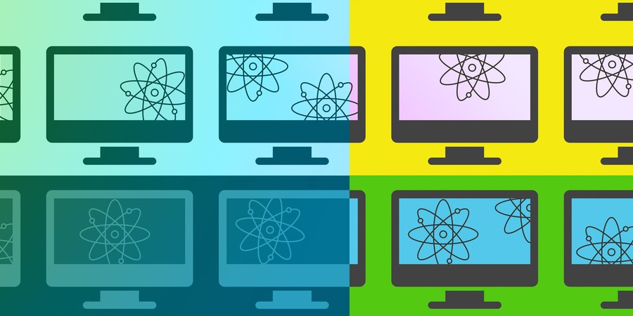 A grid of computer screens each have atom icons inside, each containing 1 or 2 icons. Color overlays divide the image into 4 colorful quadrants.
