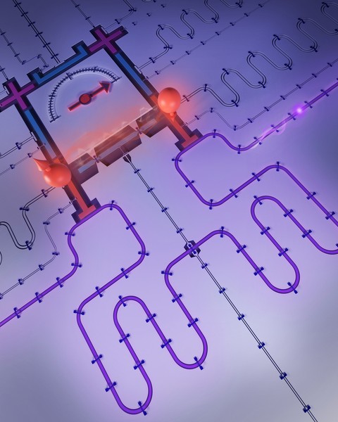Rendering shows a unique thermometer with various transparent tubes snaking out. Purple energy flows and connects two sides of the thermometer, and the temperature is hot.