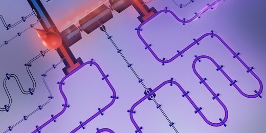 Rendering shows a unique thermometer with various transparent tubes snaking out. Purple energy flows and connects two sides of the thermometer, and the temperature is hot.