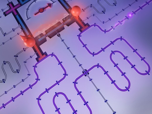 Rendering shows a unique thermometer with various transparent tubes snaking out. Purple energy flows and connects two sides of the thermometer, and the temperature is hot.