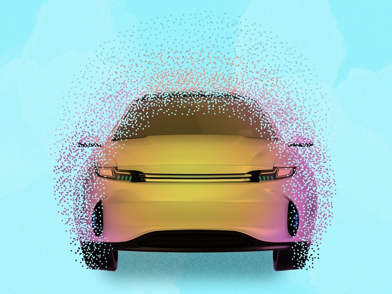 An image of a yellow and pink car with dissolved edges is shown with a blue background.