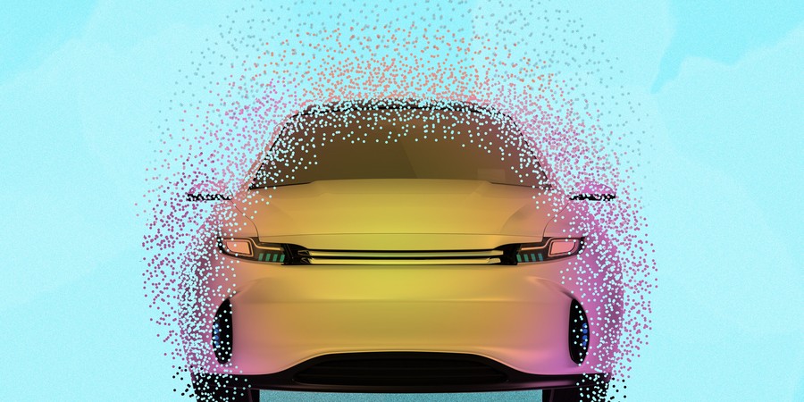 An image of a yellow and pink car with dissolved edges is shown with a blue background.