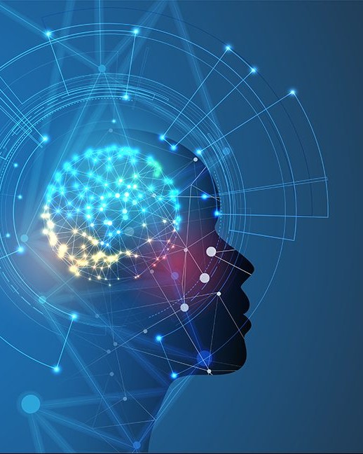 Abstract Artificial intelligence brain and neural architecture in shades of blue, yellow, and red with shadowy background