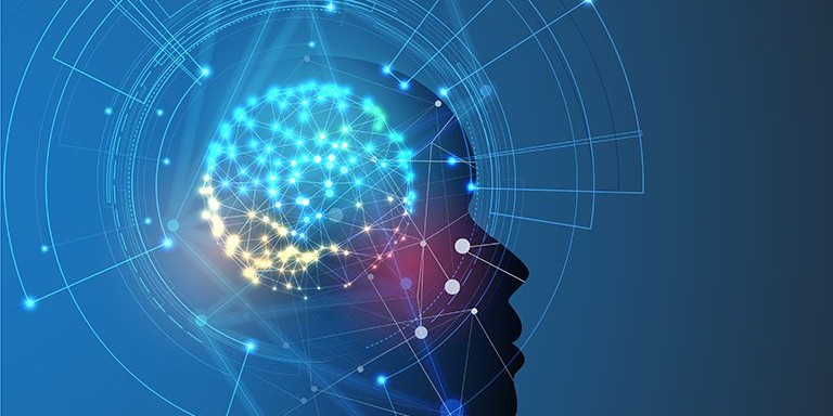 Abstract Artificial intelligence brain and neural architecture in shades of blue, yellow, and red with shadowy background