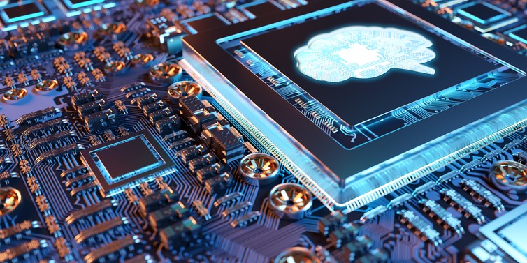 Artificial Intelligence brain shape in a complex and modern GPU card in shades of purple, blue, and gold