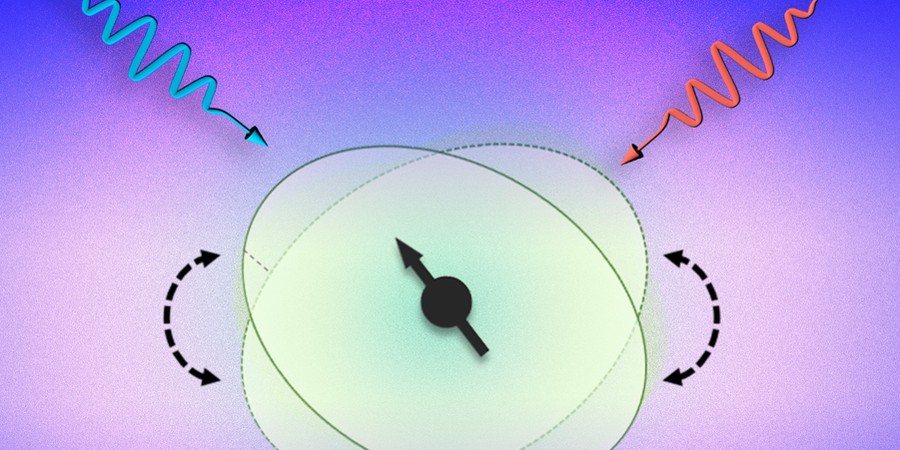 Against a pink background, a blue and red laser beam shoot down from the top as wavey arrows. They point to a beige atomic nucleus with a gauge needle in the center pointing left, signifying spin direction.
