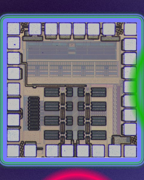 A complex receiver chip is in the middle, and has circuits in its center and squares around the edges. Red radio waves try to hit the chip but are blocked by the chip’s glowing edges. A green radio wave enters the chip.
