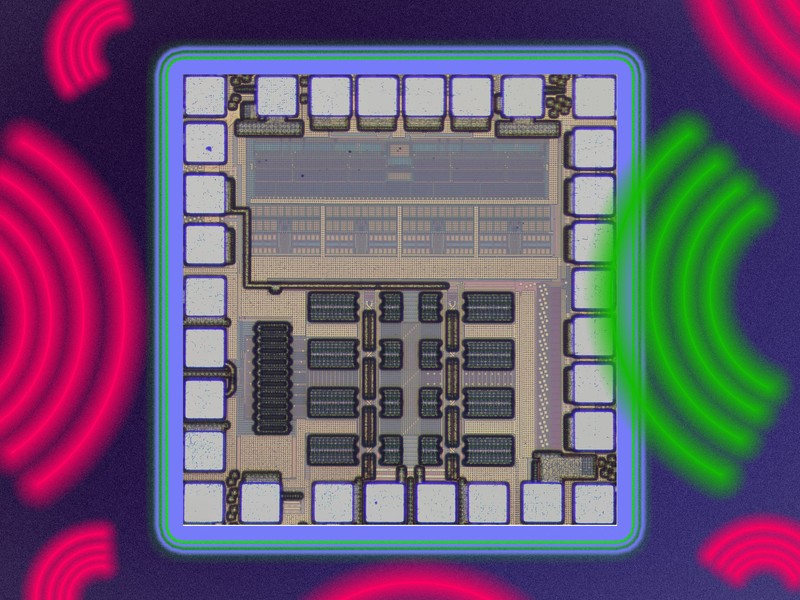 A complex receiver chip is in the middle, and has circuits in its center and squares around the edges. Red radio waves try to hit the chip but are blocked by the chip’s glowing edges. A green radio wave enters the chip.