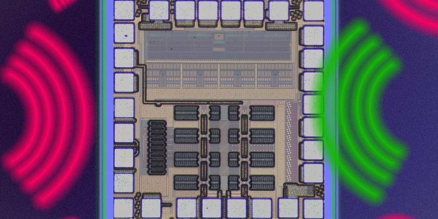 A complex receiver chip is in the middle, and has circuits in its center and squares around the edges. Red radio waves try to hit the chip but are blocked by the chip’s glowing edges. A green radio wave enters the chip.