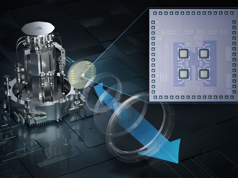 On left, a complex metallic lab refrigerator has an inset shows a chip. The chip is enlarged on the right and has 4 squares in the middle of the chip. An arrow represents receiving data.