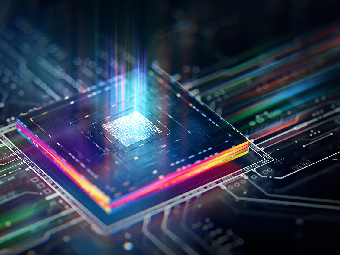 Futuristic central processor unit. Powerful Quantum CPU on PCB motherboard with data transfers.