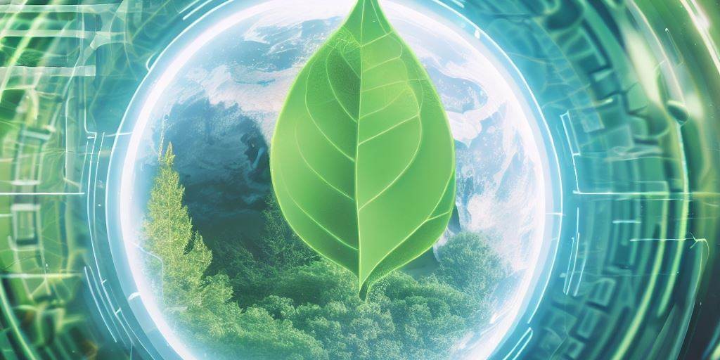 leaf and forest viewed through a round window like lense surrounded by green abstract cyber computer chip patterns
