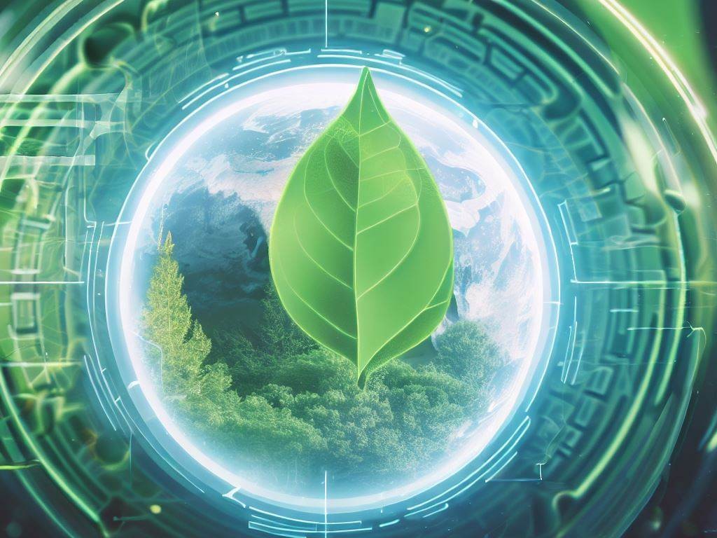 leaf and forest viewed through a round window like lense surrounded by green abstract cyber computer chip patterns